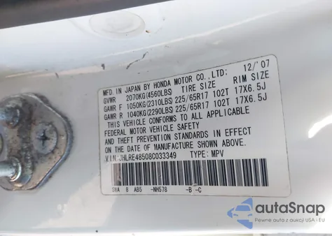 2008 Honda Cr-V Ex z USA, uszkodzony, nr VIN JHLRE48508C033349